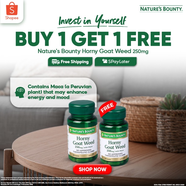 A square-format static ad highlighting a Buy 1 Get 1 Free offer for Horny Goat Weed supplements, utilizing clean product placement and clear value propositions.